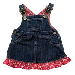 Gymboree Denim Floral Overall Jumper Dress 0-3 Months Pockets Cotton Red Blue